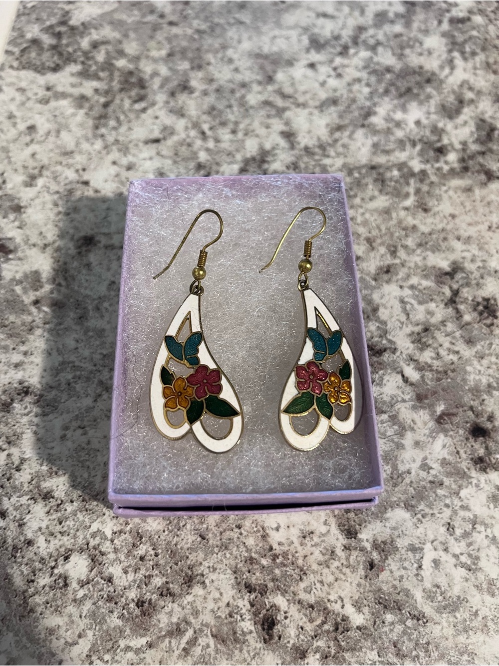 Vintage Cloisonné White and Floral Gold Tone Earrings